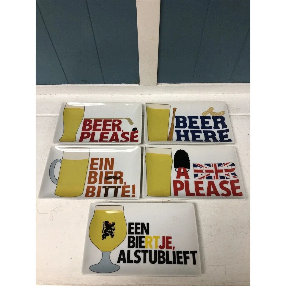 Set Of 5 Crate‎ & Barrel Beer Sampler Appetizer Tid Bit Plates Man Cave Decor